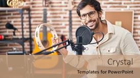 Presentation with music singing - PPT theme enhanced with young-hispanic-man-musician-singing background and a coral colored foreground