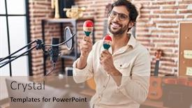  Presentation with music singing - Slides consisting of young-hispanic-man-musician-singing background and a coral colored foreground