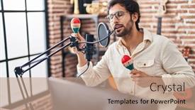  Presentation with music singing - Presentation theme consisting of young-hispanic-man-musician-singing background and a coral colored foreground