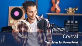  Presentation with tambourine - Presentation theme enhanced with young-hispanic-man-musician-singing background and a navy blue colored foreground