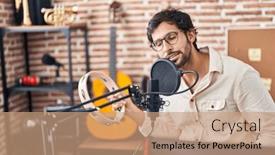  Presentation with tambourine - Theme consisting of young-hispanic-man-musician-singing background and a coral colored foreground