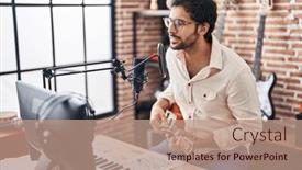  Presentation with ukulele - Slide deck having young-hispanic-man-musician-singing background and a coral colored foreground