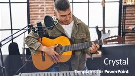  Presentation with classical guitar - Slide deck consisting of young-hispanic-man-musician-singing background and a ocean colored foreground