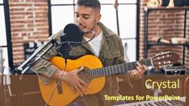  Presentation with classical guitar - Presentation design having young-hispanic-man-musician-singing background and a tawny brown colored foreground