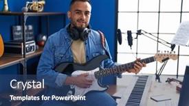  Presentation with music studio - PPT theme enhanced with young-hispanic-man-musician-smiling background and a ocean colored foreground