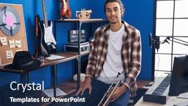  Presentation with trumpet - PPT layouts enhanced with young-hispanic-man-musician-smiling background and a navy blue colored foreground