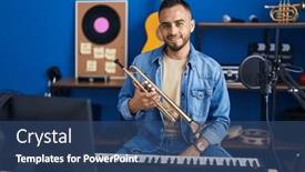  Presentation with trumpet - Presentation theme enhanced with young-hispanic-man-musician-smiling background and a ocean colored foreground