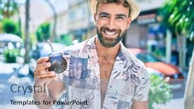  Presentation with city street - Colorful slide set enhanced with young-hispanic-man-on-vacation backdrop and a light blue colored foreground