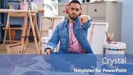  Presentation with finger - Presentation theme featuring young-hispanic-man-painter-sitting background and a  colored foreground