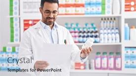  Presentation with capsules pills pill doctor prescription - PPT theme having young-hispanic-man-pharmacist-holding background and a light gray colored foreground