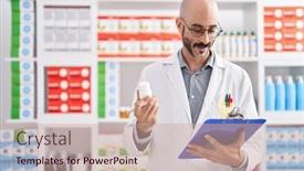  Presentation with pharmacy - Slides consisting of young-hispanic-man-pharmacist-holding background and a soft green colored foreground