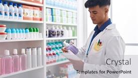  Presentation with pharmacy cream - PPT theme with young-hispanic-man-pharmacist-holding background and a light gray colored foreground