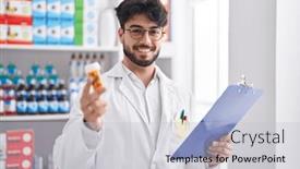  Presentation with prescription - PPT theme with young-hispanic-man-pharmacist-holding background and a lemonade colored foreground