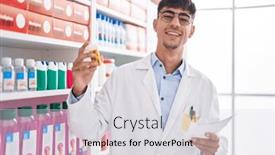  Presentation with prescription - Presentation design featuring young-hispanic-man-pharmacist-holding background and a light gray colored foreground