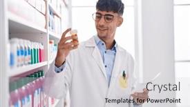 Presentation with prescription - Slides having young-hispanic-man-pharmacist-holding background and a light gray colored foreground