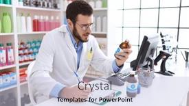  Presentation with medication - Slide set consisting of young-hispanic-man-pharmacist-holding background and a light blue colored foreground