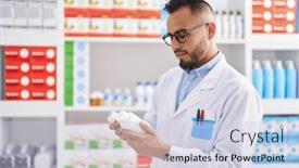  Presentation with pharmacy - PPT layouts with young-hispanic-man-pharmacist-holding background and a sky blue colored foreground