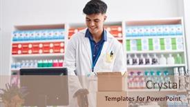  Presentation with scanning - Slide set with young-hispanic-man-pharmacist-scanning background and a coral colored foreground