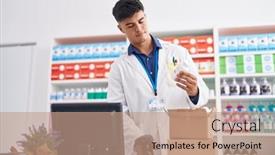  Presentation with scanning - Presentation theme featuring young-hispanic-man-pharmacist-scanning background and a coral colored foreground