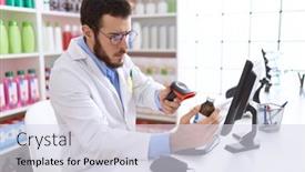  Presentation with medication - Presentation featuring young-hispanic-man-pharmacist-scanning background and a sky blue colored foreground