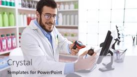  Presentation with medication - PPT theme enhanced with young-hispanic-man-pharmacist-scanning background and a lemonade colored foreground