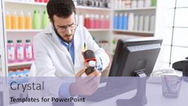  Presentation with medication - Presentation design enhanced with young-hispanic-man-pharmacist-scanning background and a light blue colored foreground