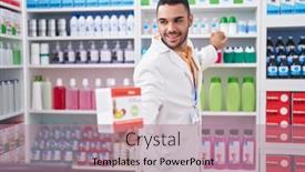  Presentation with vitamin - Presentation design consisting of young-hispanic-man-pharmacist-smiling background and a coral colored foreground