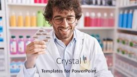  Presentation with pharmacy tablet - Presentation theme having young-hispanic-man-pharmacist-smiling background and a lemonade colored foreground