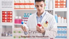  Presentation with medication - Presentation enhanced with young-hispanic-man-pharmacist-smiling background and a coral colored foreground