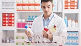  Presentation with medication - PPT theme featuring young-hispanic-man-pharmacist-smiling background and a coral colored foreground