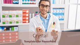  Presentation with pharmacy - Slides enhanced with young-hispanic-man-pharmacist-smiling background and a  colored foreground