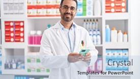  Presentation with pharmacy - Presentation design consisting of young-hispanic-man-pharmacist-using background and a light blue colored foreground
