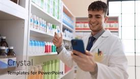  Presentation with medication - PPT theme consisting of young-hispanic-man-pharmacist-using background and a coral colored foreground