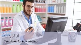  Presentation with medication - Slide set with young-hispanic-man-pharmacist-using background and a light blue colored foreground