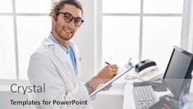  Presentation with writing - Slide set consisting of young-hispanic-man-pharmacist-writing background and a  colored foreground