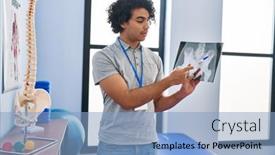 Presentation with man looking up happy - Presentation theme enhanced with young-hispanic-man-physiotherapist-looking background and a light blue colored foreground