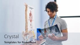  Presentation with rehab clinic - Presentation theme having young-hispanic-man-physiotherapist-looking background and a light blue colored foreground