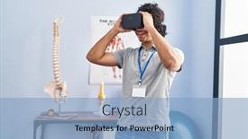  Presentation with virtual reality rehab - Presentation theme having young-hispanic-man-physiotherapist-using background and a light blue colored foreground