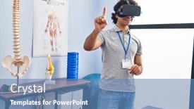  Presentation with virtual reality rehab - Presentation design with young-hispanic-man-physiotherapist-using background and a teal colored foreground