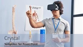  Presentation with virtual reality rehab - Presentation theme consisting of young-hispanic-man-physiotherapist-using background and a light blue colored foreground