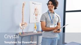  Presentation with rehab clinic - PPT theme featuring young-hispanic-man-physiotherapist-writing background and a light blue colored foreground