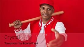  Presentation with friendly - Slides enhanced with young-hispanic-man-playing-baseball background and a red colored foreground