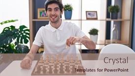  Presentation with standing sitting - Presentation theme having young-hispanic-man-playing-chess background and a coral colored foreground