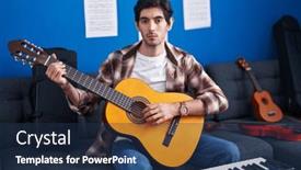  Presentation with music classic - PPT theme enhanced with young-hispanic-man-playing-classic background and a navy blue colored foreground