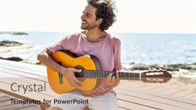  Presentation with man sitting bench - Slide deck consisting of young-hispanic-man-playing-classical background and a  colored foreground