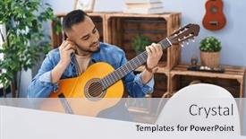  Presentation with classical guitar - Presentation enhanced with young-hispanic-man-playing-classical background and a light gray colored foreground