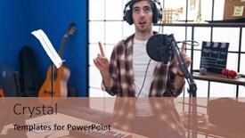  Presentation with music studio - Presentation theme consisting of young-hispanic-man-playing-piano background and a  colored foreground