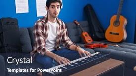 Presentation with music studio - Presentation theme featuring young-hispanic-man-playing-piano background and a tawny brown colored foreground