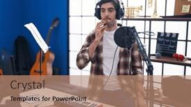  Presentation with piano - Presentation design consisting of young-hispanic-man-playing-piano background and a coral colored foreground