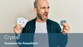  Presentation with poker chips - Colorful presentation design enhanced with young-hispanic-man-playing-poker backdrop and a ocean colored foreground